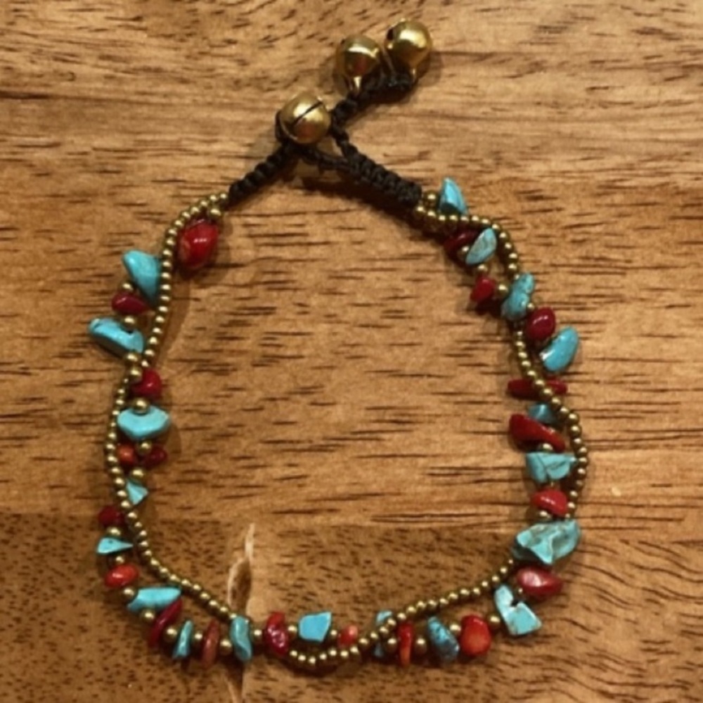 Ankle Bracelet Red Coral and Turquoise